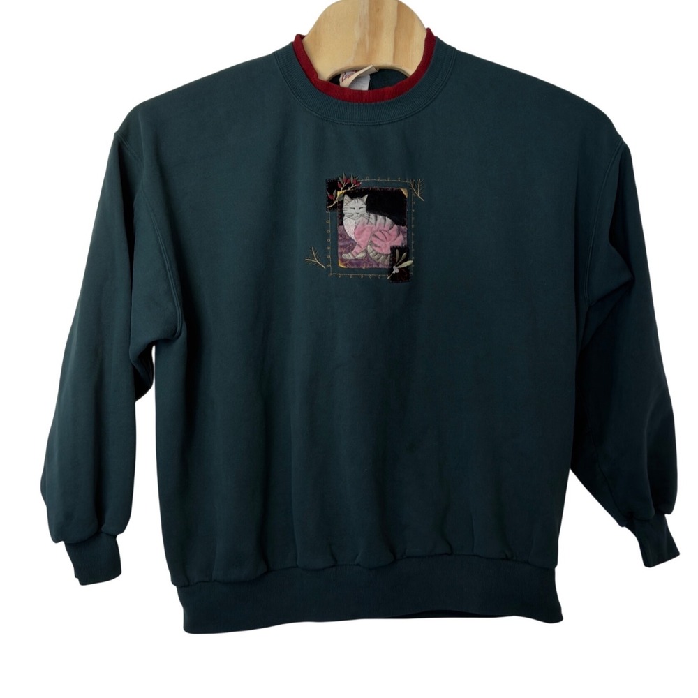 Vintage 90s Top Stitch Morning Sun Cat Sweatshirt Size 3X Grandmacore Embroidery